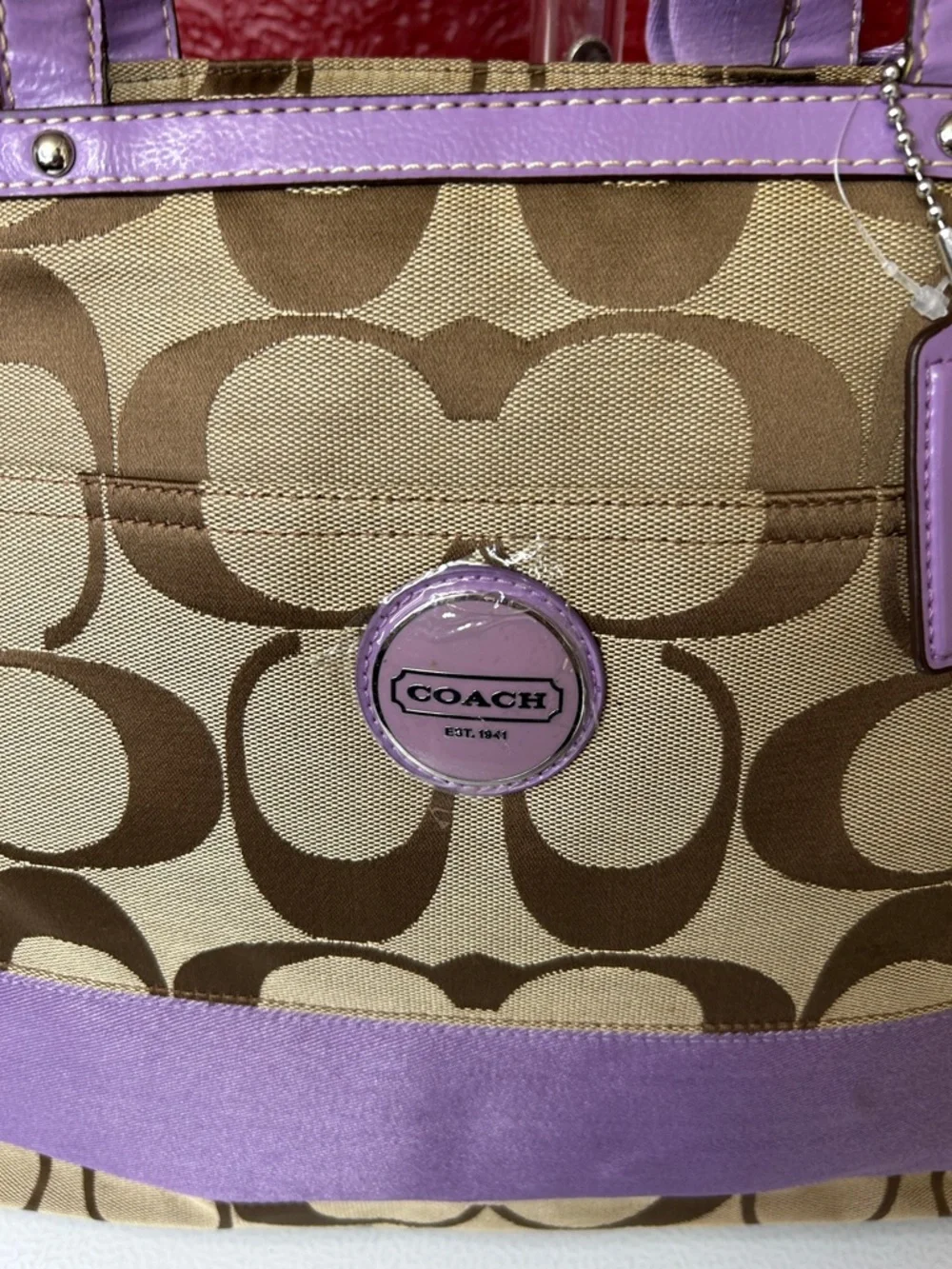 Coach Khaki Signature Tote diaper bag with Lavender Trim - Picture 3 of 16